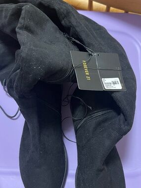Forever 21 Black Suede-Look Over-the-Knee Boots with Block Heel